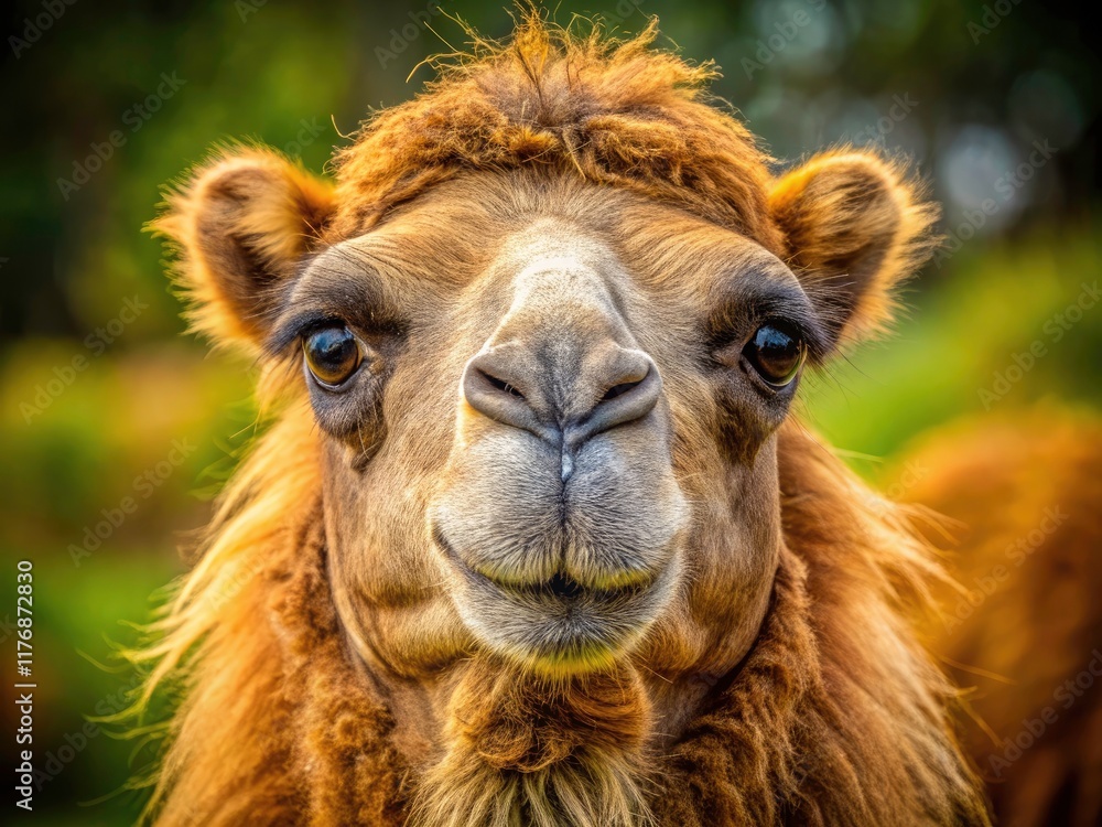 Fototapeta premium Bactrian Camel Head Portrait, High Depth of Field, Close-up Photography, Desert Animal, Wildlife, Camel Image, Two-Humped Camel