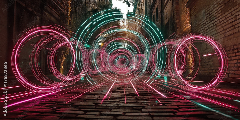 Fototapeta premium Symphony of Neon Circles: Digital Light Rings Dancing Through a Historic Cobblestone Alleyway at Twilight in a Futuristic Urban Setting
