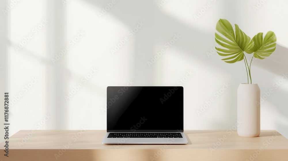 Minimal lifestyle design. A modern workspace featuring a laptop and a leafy plant in a minimalist setting.