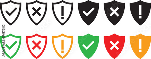 Shield check mark or cross mark icon set. Protect shield security symbol. Shield plus mark and Shield exclamation mark. Safety or protection sign

