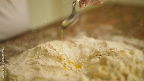 Slow motion close-up of olive oil being drizzled into a flour mixture by a skilled chef, beautiful depiction of rustic cooking techniques and natural ingredients photo