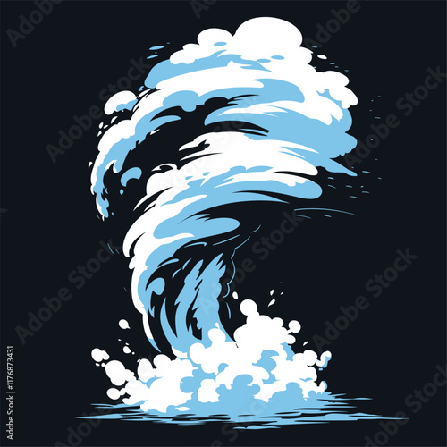 Dynamic tornado illustration with swirling lines on blue.