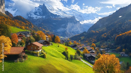 Wallpaper Mural Autumnal alpine village nestled in valley, majestic snow-capped mountains backdrop. Torontodigital.ca