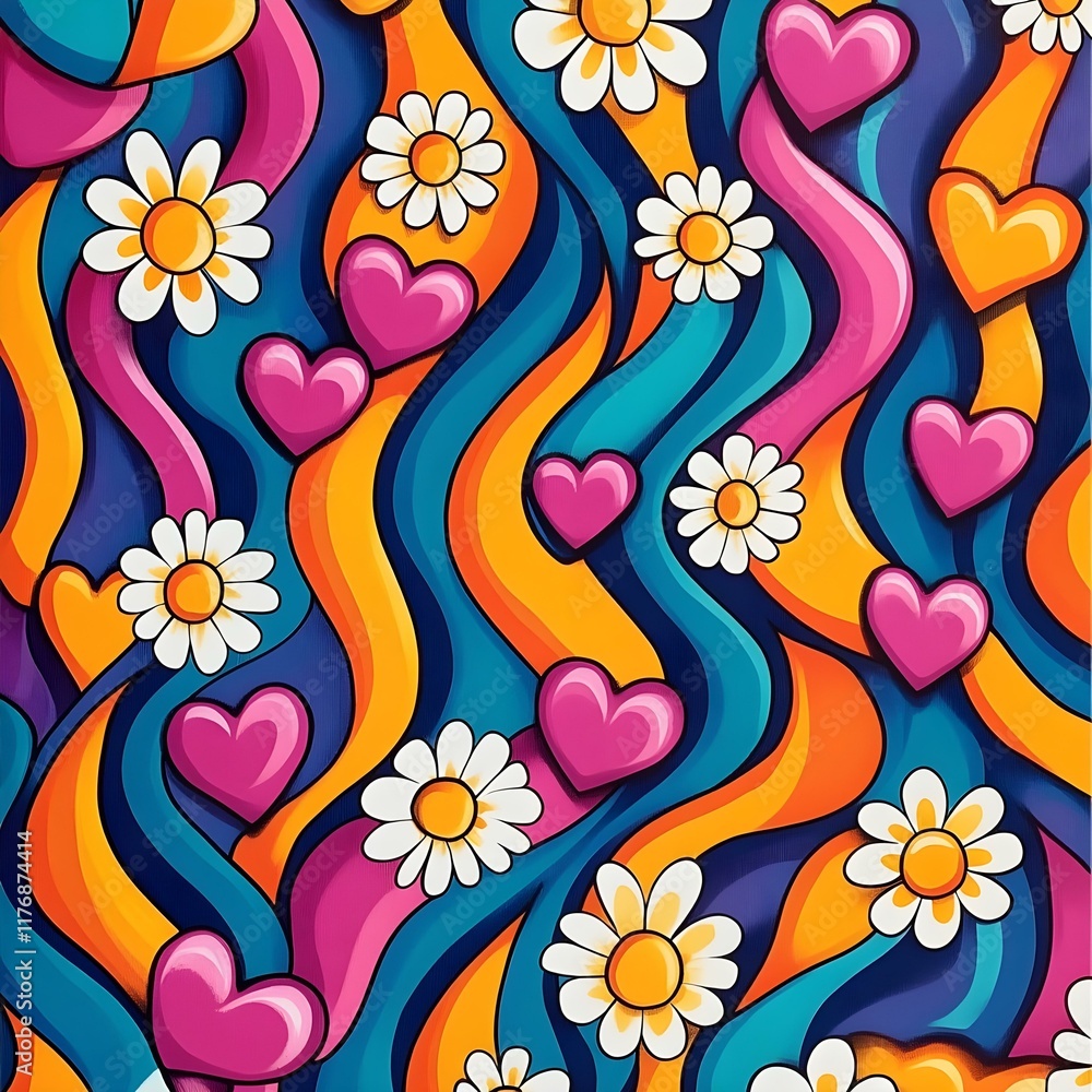 Fototapeta premium abstract floral background, Seamless 70s daisy and heart pattern