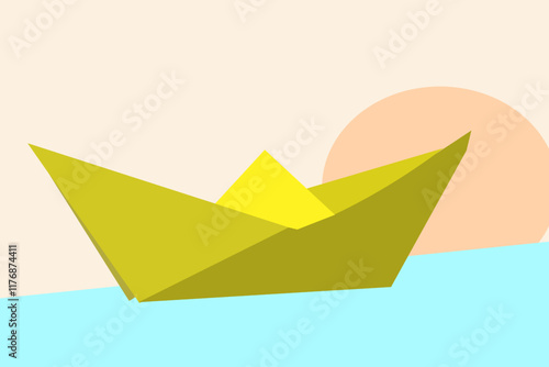 Cartoon yellow paper boat sailing on water at sunset. A yellow ship sailing for a new tomorrow. Sunset over the water. Vector. Illustration.