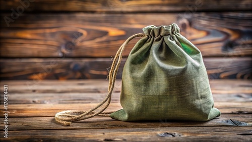 Documentary Style Photo: Drawstring Bag Mockup on Rustic Wooden Surface photo