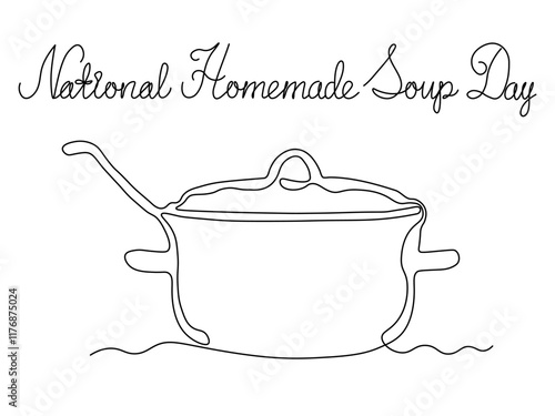 National Homemade Soup Day. Abstract pot of soup and a ladle. continuous single line art drawing sketch, logo