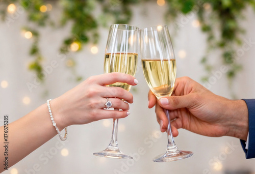 Champagne toast for a romantic evening of newlyweds in love