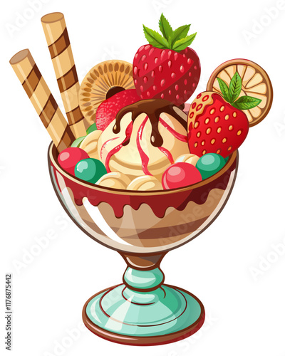 Vanilla and Strawberry Ice Cream Sundae with Chocolate Sauce and Fresh Raspberries - Gourmet Dessert Photography