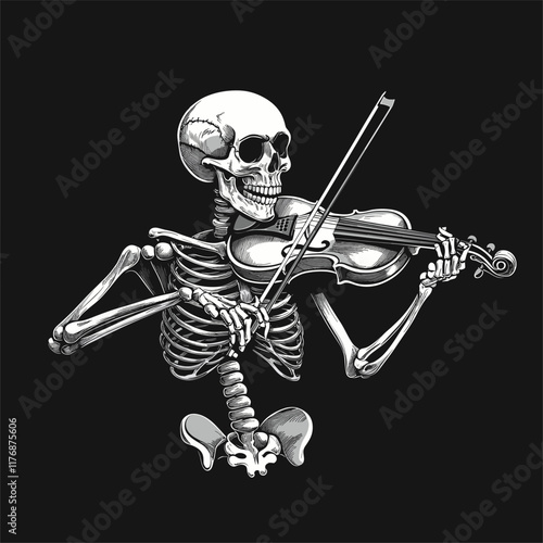A skeleton playing a violin in a detailed monochrome design.