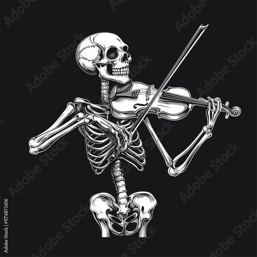 A skeleton playing a violin in a detailed monochrome design.