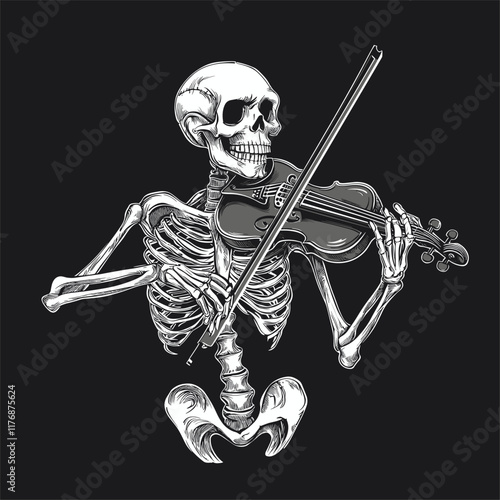 A skeleton playing a violin in a detailed monochrome design.