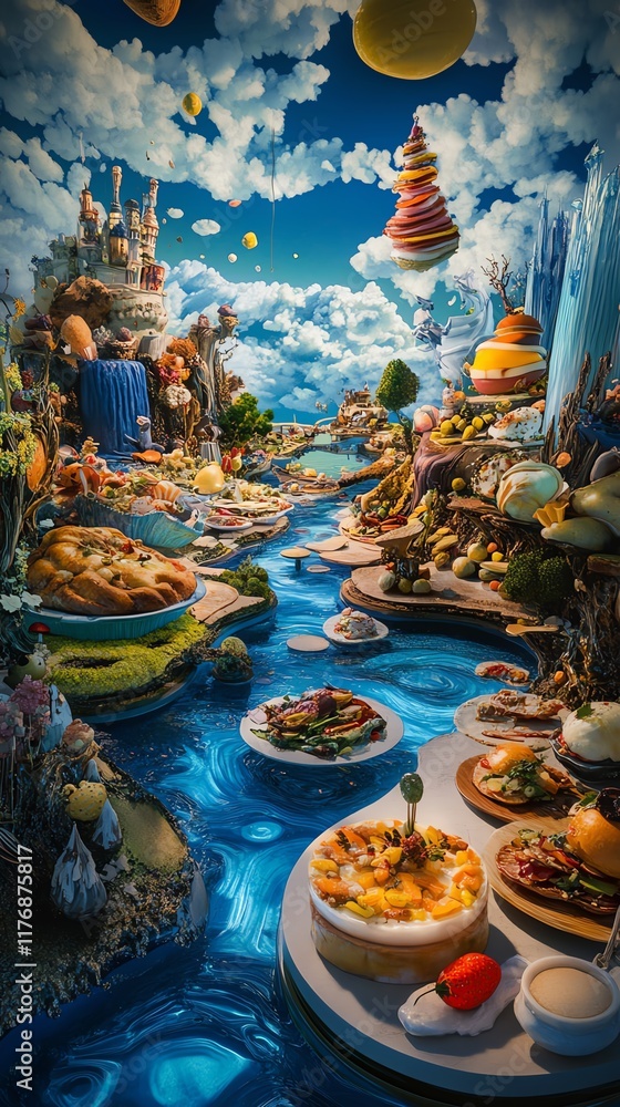 Whimsical digital painting of a surreal food landscape, with a river flowing through a feast of delicious dishes and fantastical elements Whimsical digital painting of a surreal food landscape, with a river flowing through a feast of delicious dishes and fantastical elements