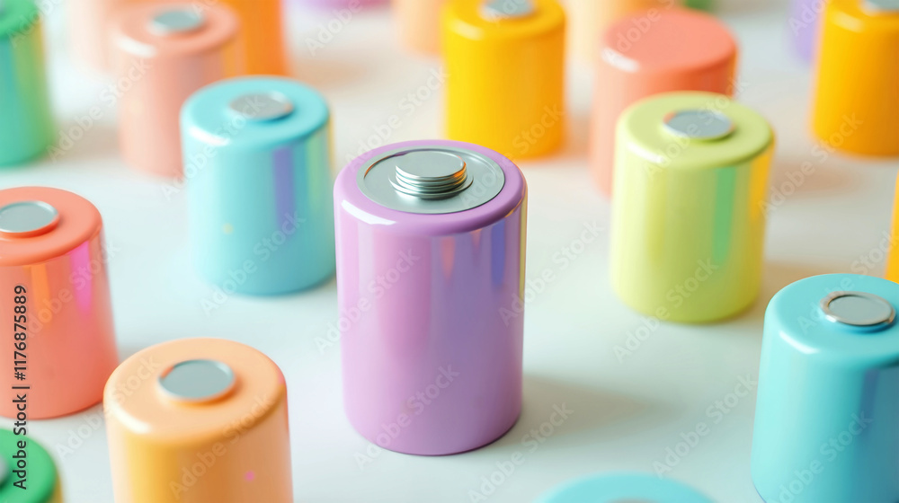 Colorful 9-volt battery surrounded by pastel batteries creating a vibrant display on a white background Colorful 9-volt battery surrounded by pastel batteries creating a vibrant display on a white background