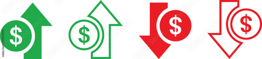 Money increase or decrease icon set. dollar decrease increase symbol. profit and lose signs.
Money increase or decrease icon set. dollar decrease increase symbol. profit and lose signs.