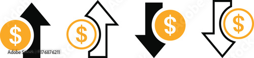Money increase or decrease icon set. dollar decrease increase symbol. profit and lose signs. 
