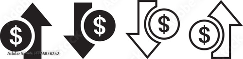 Money increase or decrease icon set. dollar decrease increase symbol. profit and lose signs. 
