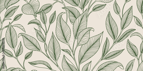 Seamless pattern with linear leaves. Background with line tree branches. Texture with plants
