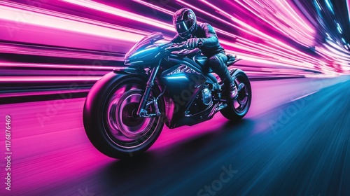 A futuristic motorcyclist riding a sleek, black motorcycle at high speed through a vibrant, neon-lit tunnel. Speed lines and bright,  pink and blue neon lights create an energetic, fast-paced, and dyn photo