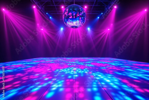 A shiny disco ball reflecting colorful lights, illuminating a dance floor with pink and blue hues, on a dark background. Concept of music, energy, celebration. Ai generative