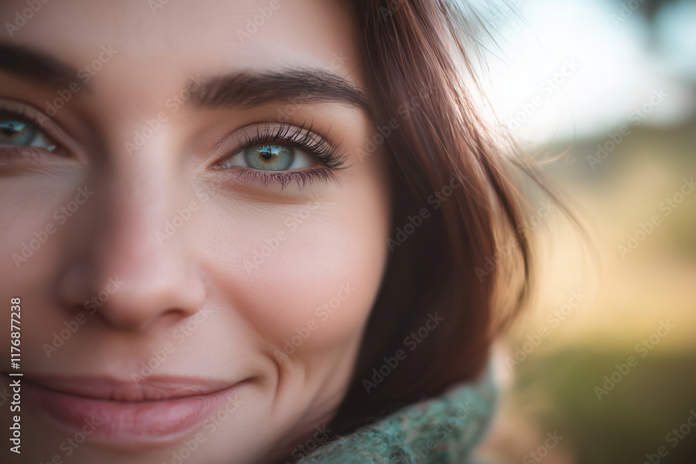 Intimate Close-Up Portrait of a Woman's Face Highlighting Her Striking Eyes, Subtle Smile, and Natural Beauty Intimate Close-Up Portrait of a Woman's Face Highlighting Her Striking Eyes, Subtle Smile, and Natural Beauty