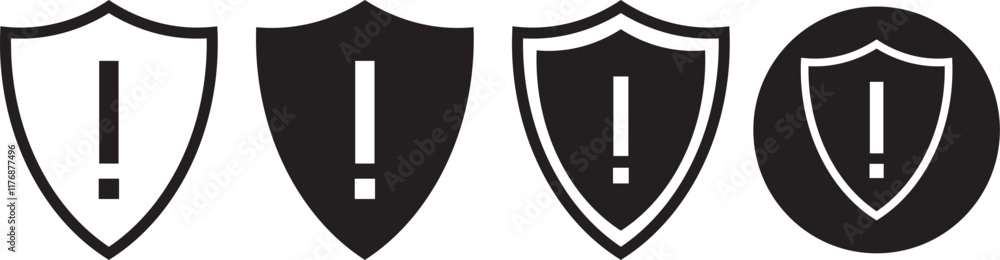 Shield exclamation mark icon set. Protect shield security symbol. Different style shields exclamation check mark icons. Safety or protection sign Shield exclamation mark icon set. Protect shield security symbol. Different style shields exclamation check mark icons. Safety or protection sign