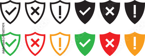 Shield check mark or cross mark icon set. Protect shield security symbol. Different style shields icons. Safety or protection sign
