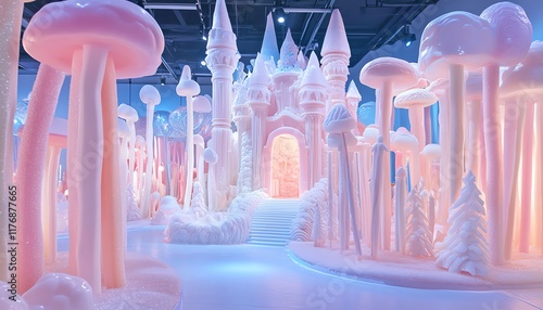 Enchanted winter wonderland.  Pink mushroom forest surrounding a majestic ice castle. Dreamlike fairytale scene.