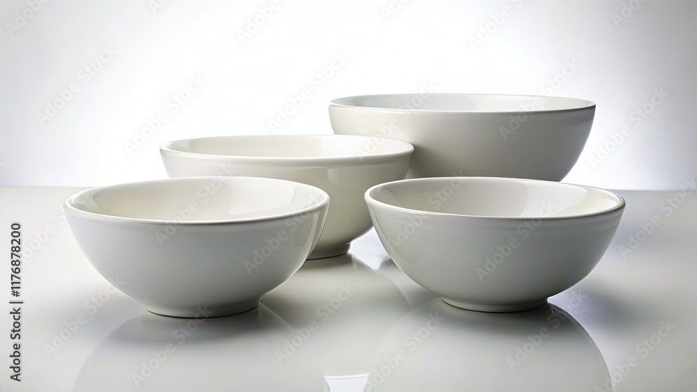 Elegant White Ceramic Bowls on White Background - Minimalist Tableware Stock Photo Elegant White Ceramic Bowls on White Background - Minimalist Tableware Stock Photo