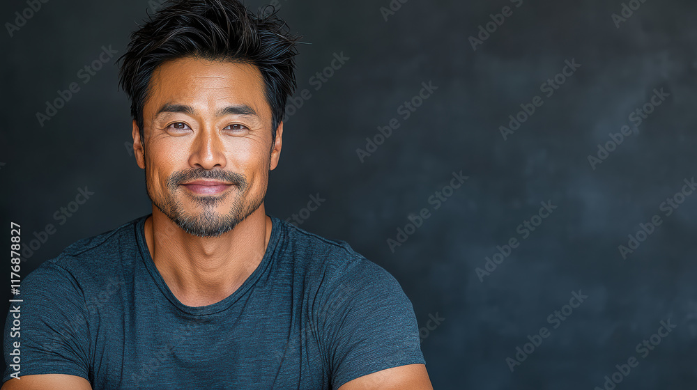 confident Asian man in casual pose, smiling against dark background confident Asian man in casual pose, smiling against dark background