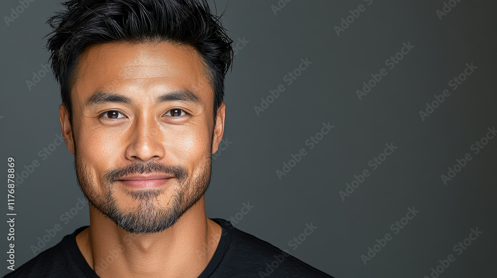 Fototapeta premium Confident Asian man smiling with stylish haircut and beard
