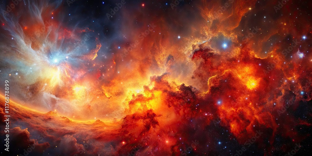 Naklejka premium Cosmic Nebula Red Orange Galaxy Space Stars Background Astronomy Astrophotography Deep Space Celestial Wonders