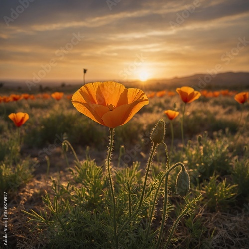 A single vibrant California poppy blooming in a golden sunset field with the sun's last rays casting a warm glow.