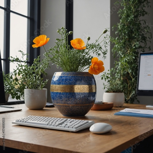 A modern office desk with a ceramic pot featuring an intricate blue-and-gold geometric design, holding a vibrant California poppy plant.