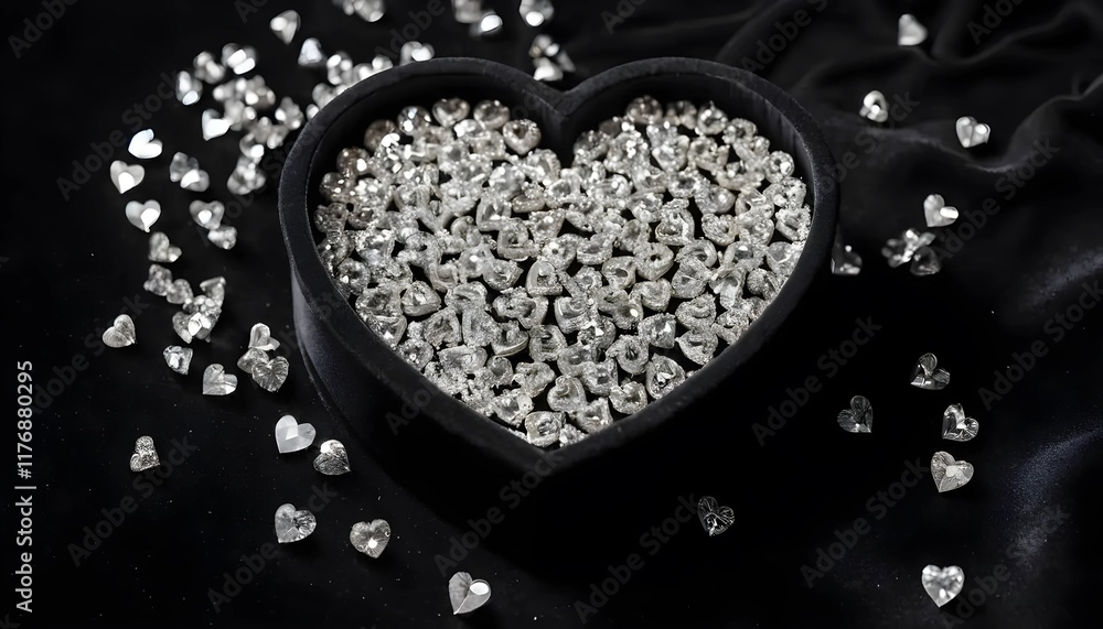 Heart-Shaped Box Overflowing with Sparkling Diamonds on Black Velvet Background Heart-Shaped Box Overflowing with Sparkling Diamonds on Black Velvet Background