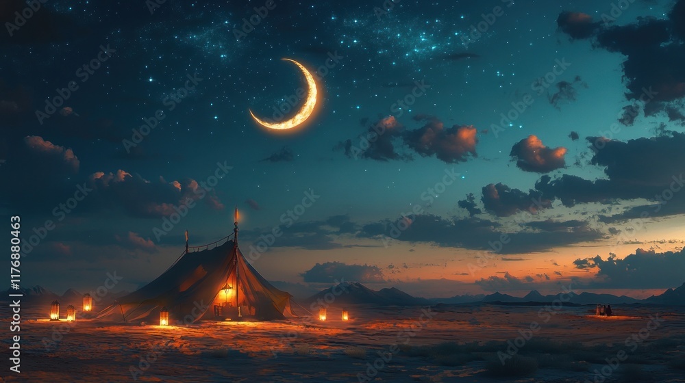 Desert encampment under a starlit sky at twilight with a crescent moon. Desert encampment under a starlit sky at twilight with a crescent moon.