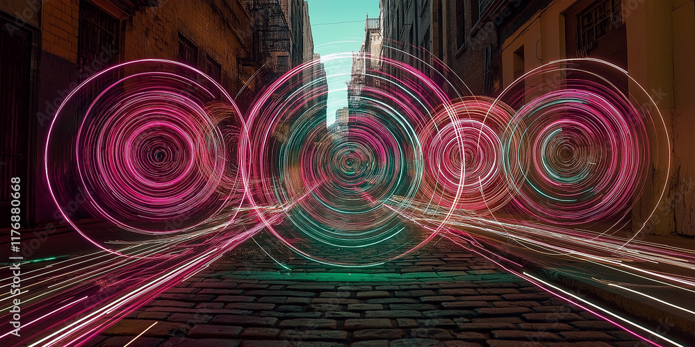 Fototapeta premium Symphony of Neon Circles: Digital Light Rings Dancing Through a Historic Cobblestone Alleyway at Twilight in a Futuristic Urban Setting