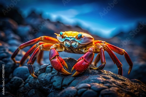 Galapagos Sally Lightfoot Crab Night Photography - Lava Rock Wildlife photo