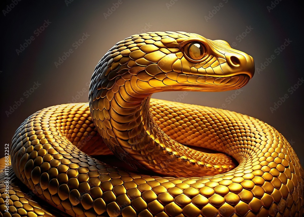 Fototapeta premium Golden Serpent Statue, Coiled, Regal Pose, Isolated on Transparent Background - Stock Photo