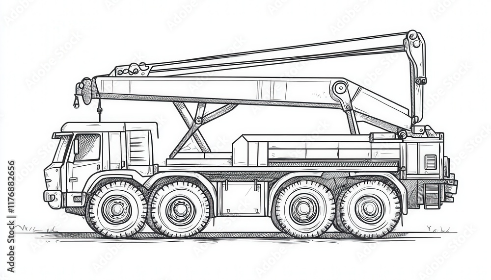 A hand-drawn sketch of a mobile crane truck. Ideal for construction or engineering illustrations. A hand-drawn sketch of a mobile crane truck. Ideal for construction or engineering illustrations.