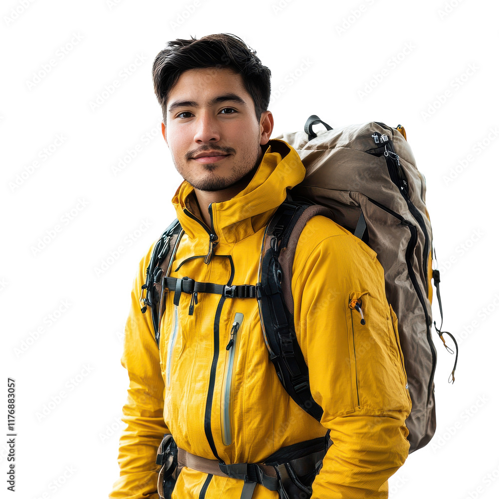 Young Latin American Man Backpacking in Mountain Scenery on transparent background Young Latin American Man Backpacking in Mountain Scenery on transparent background
