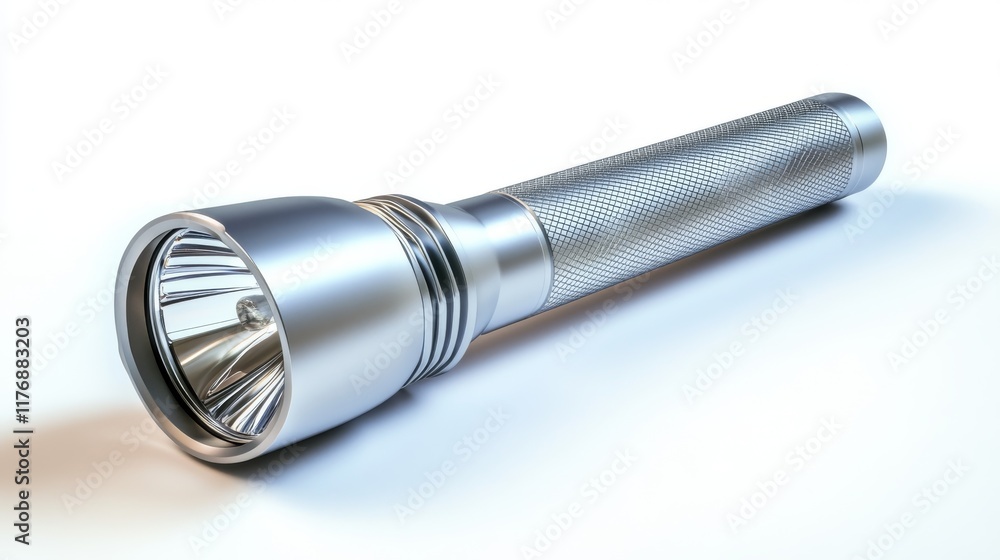Photo of an empty silver flashlight, isolated on a white background with no shadows or highlights. Photo of an empty silver flashlight, isolated on a white background with no shadows or highlights.