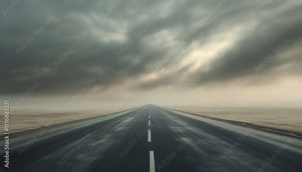 Fototapeta premium Foggy road disappearing into mist, symbolizing uncertainty and mystery