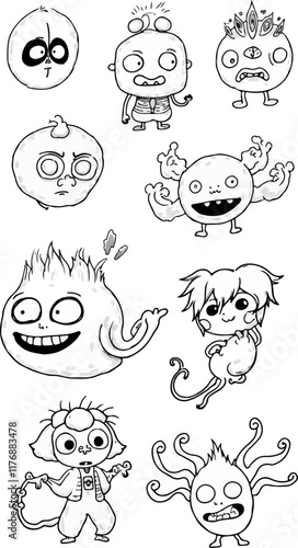 A whimsical collection of cartoon monsters with expressive faces and unique features. EPS 10.