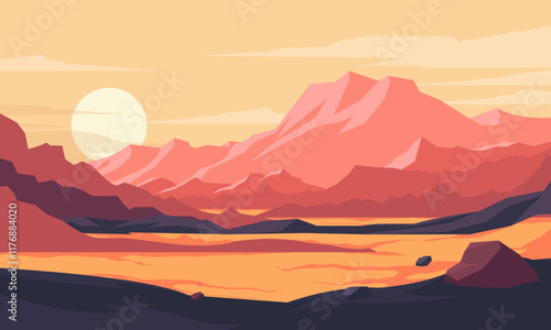 Mountain landscape with lake at sunset. Vector illustration in flat style