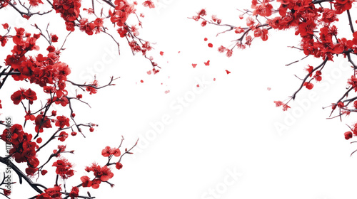 Red Plum Blossoms Frame: A delicate and enchanting frame of vibrant red plum blossoms, with softly falling petals creating a romantic and serene atmosphere.