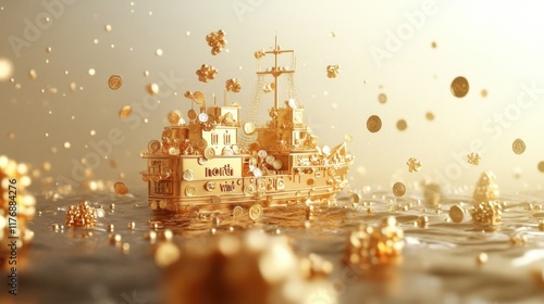 A golden ship sails through an ocean of floating coins, creating a mesmerizing scene of wealth and fantasy, illuminated by warm, glowing light. photo