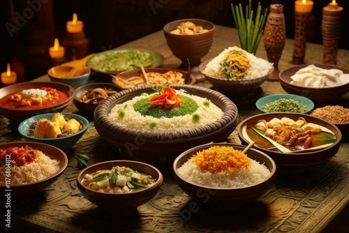 Variety of colorful sri lankan dishes are served on a decorated table, creating a vibrant and appetizing culinary scene photo