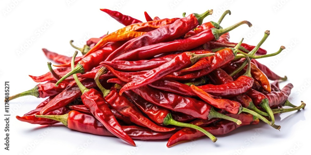 Dried Red Chili Peppers, Spicy Food Photography, Closeup Still Life, White Background Dried Red Chili Peppers, Spicy Food Photography, Closeup Still Life, White Background