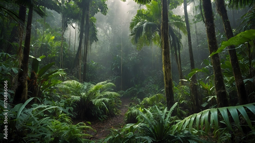 Enchanted Rainforest: Pinanga Palms Amidst a Misty Tropical Landscape Enchanted Rainforest: Pinanga Palms Amidst a Misty Tropical Landscape